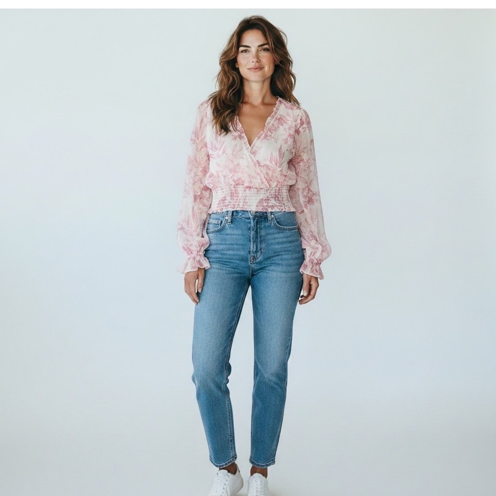 Maison d'Amelie Paris Pink Floral Smocked Cropped Sheer Blouse Small Chiffon